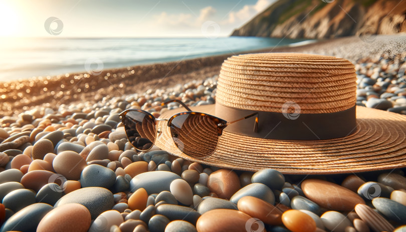 Скачать Элегантная шляпа от солнца и солнцезащитные очки на гальке, на фоне океана. Соломенная шляпа и солнцезащитные очки на галечном пляже. Аксессуары для морского побережья на ложе из гладких камней. Атмосфера отпуска, шляпа лежит на галечном пляже фотосток Ozero