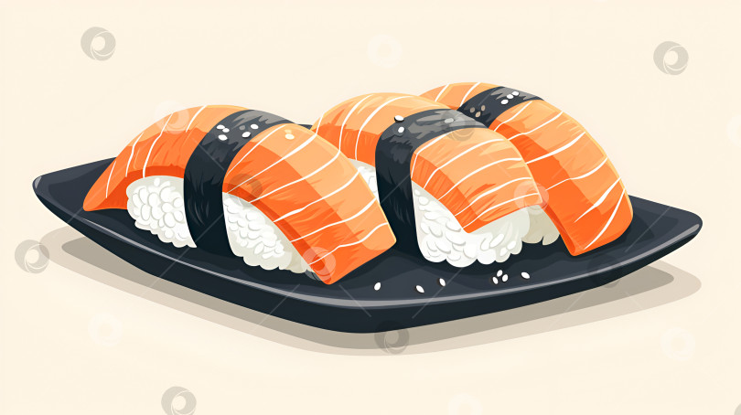 Скачать Суши нигири с лососем на черной сервировочной тарелке, 2D иллюстрация в стиле минимализма. Кусочки суши с лососем на темном сервировочном блюде, чистый фон для смузи. фотосток Ozero