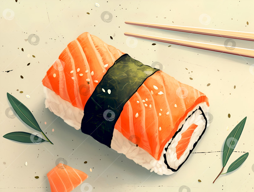 Скачать 2D иллюстрация суши-ролла на светлом фоне с палочками для еды. Суши-ролл с лососем, украшенный семенами кунжута, традиционная японская кухня. Рисунок суши-ролла с брызгами кунжута, холст в винтажном стиле фотосток Ozero