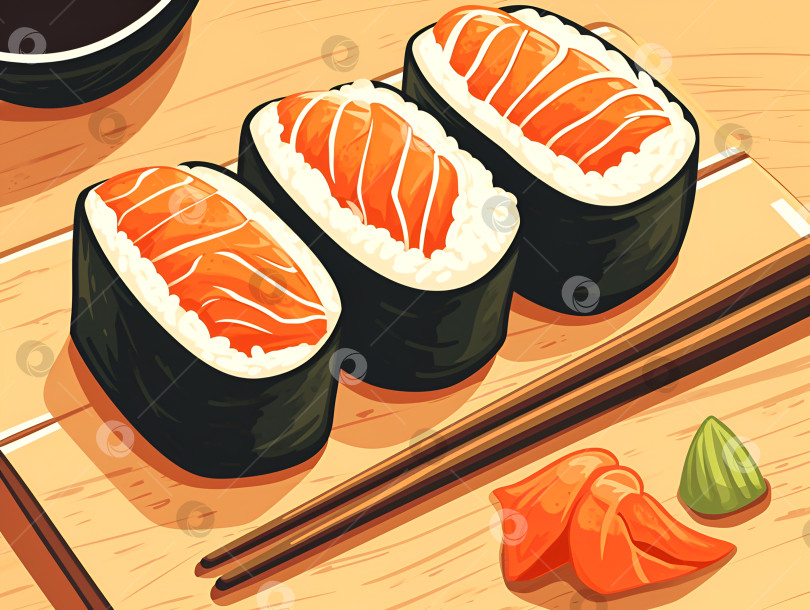 Скачать Суши-ролл с икрой лосося на деревянной доске в деревенском стиле с палочками для еды, васаби и маринованным имбирем, 2D иллюстрация. Минималистичные суши-роллы, японская кухня. Иллюстрация азиатской кухни. фотосток Ozero