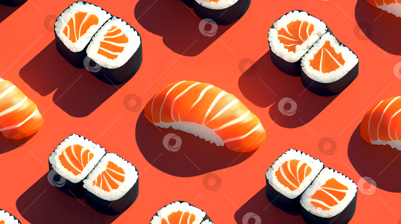 Скачать Узор суши на цветном фоне, 2D иллюстрация. Набор суши-ассорти на оранжевом фоне с резкими тенями. Нигири с лососем и суши-роллы на ярком фоне, вид сверху. Красочная коллекция суши фотосток Ozero