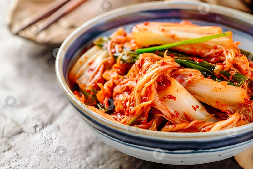 Скачать Миска с острым домашним кимчи, ферментированные овощи. Кимчи по-корейски, в традиционном стиле. Миска с насыщенным красным кимчи фотосток Ozero