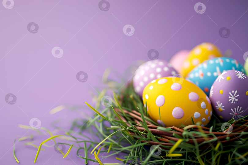 Скачать Фиолетовый пасхальный фон с разноцветными крашеными яйцами и свободным пространством для текста. Пастельный пасхальный шаблон с яйцами, спрятанными в траве. Разноцветные яйца в фиолетовых, мягких тонах фотосток Ozero