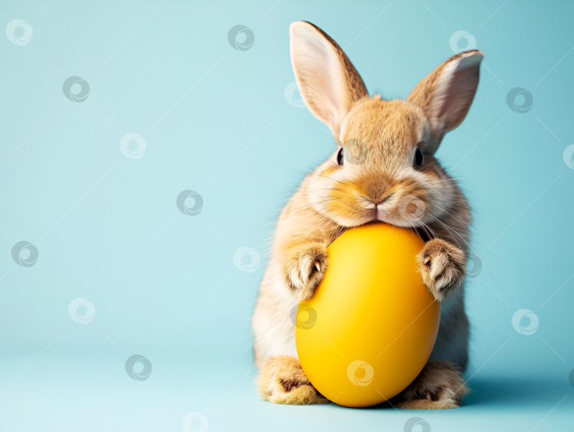 Скачать Милый кролик с желтым яйцом, пасхальная радость. Очаровательный кролик, держащий пасхальное яйцо на цветном фоне. Пасхальный кролик, желтое яйцо, светло-голубой фон, место для копирования фотосток Ozero