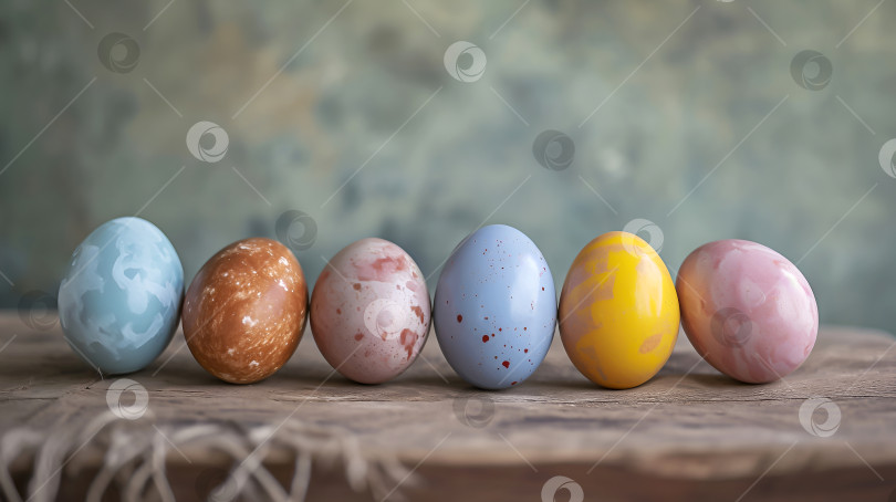 Скачать Пасхальные яйца ручной работы на деревенском деревянном столе на светлом размытом фоне. Ряд расписных пасхальных яиц, минималистичный пасхальный баннер фотосток Ozero