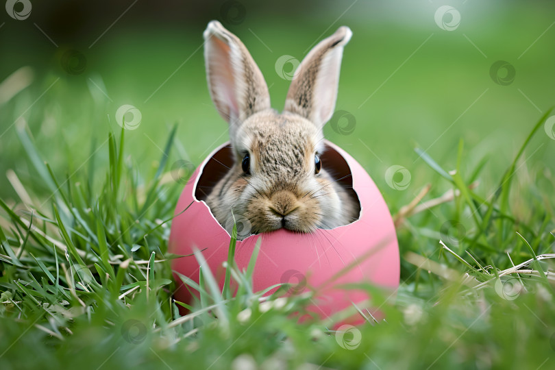 Скачать Кролик выглядывает из розового яйца среди травы, пасхальный баннер в натуральную величину. Весенняя радость, кролик в яичной скорлупе на лужайке. Пасхальный кролик-сюрприз, вылупление на природе фотосток Ozero