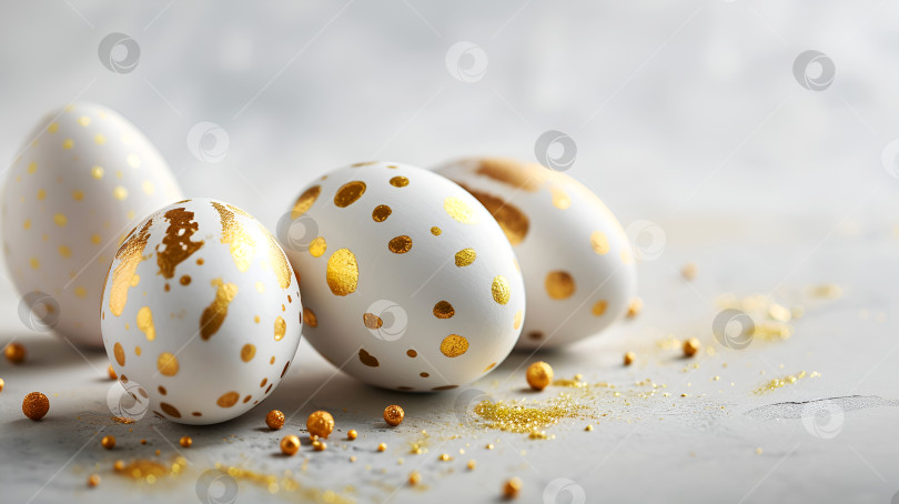 Скачать Мерцающие пасхальные яйца, золотая элегантность на сером фоне со свободным пространством. Пасхальные яйца с золотым акцентом. Праздничные крашеные яйца, пасхальный баннер фотосток Ozero