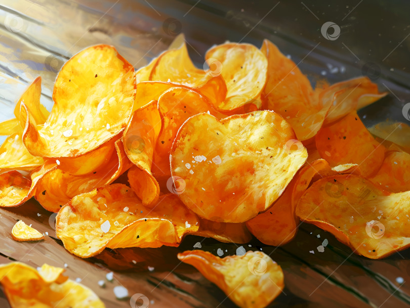 Скачать Хрустящие чипсы с солью на деревянном фоне, иллюстрация времени перекуса. Соленые чипсы в миске, текстура дерева, перерыв на перекус. Золотистые домашние картофельные чипсы с морской солью фотосток Ozero