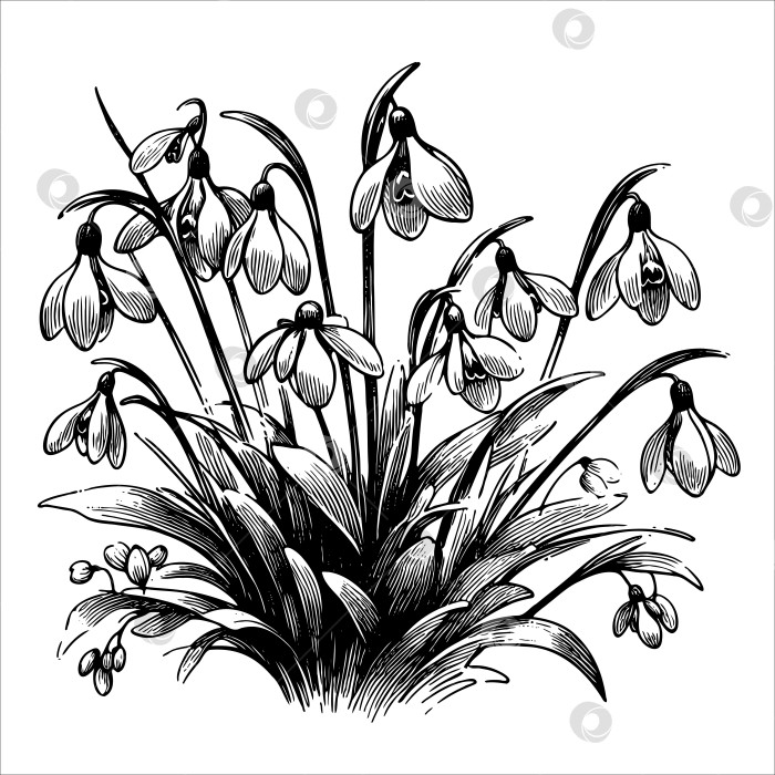 Скачать Цветок подснежника черно-белый изолированный эскиз векторной иллюстрации, нарисованной от руки. фотосток Ozero