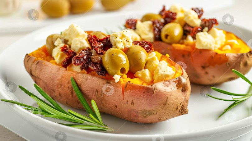 Скачать Запеченный в духовке сладкий картофель, фаршированный сыром фета, оливками и вялеными помидорами, на белой тарелке. Создан искусственный интеллект. фотосток Ozero