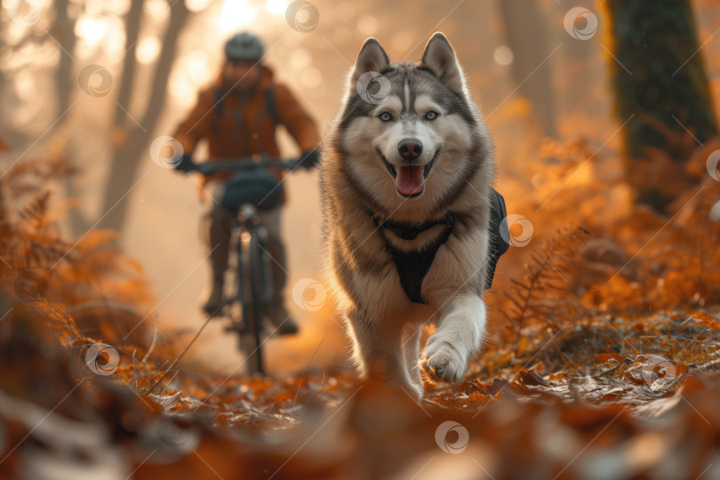 Скачать собака хаски бежит с велосипедистом на прогулке фотосток Ozero