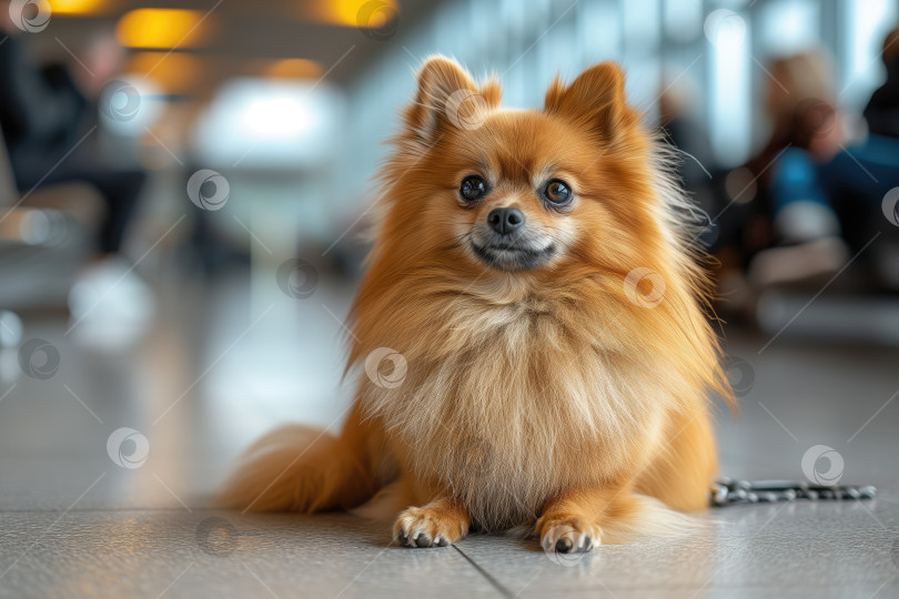 Скачать путешествующий с домашними животными, померанский шпиц в зале ожидания аэропорта или железнодорожного вокзала фотосток Ozero