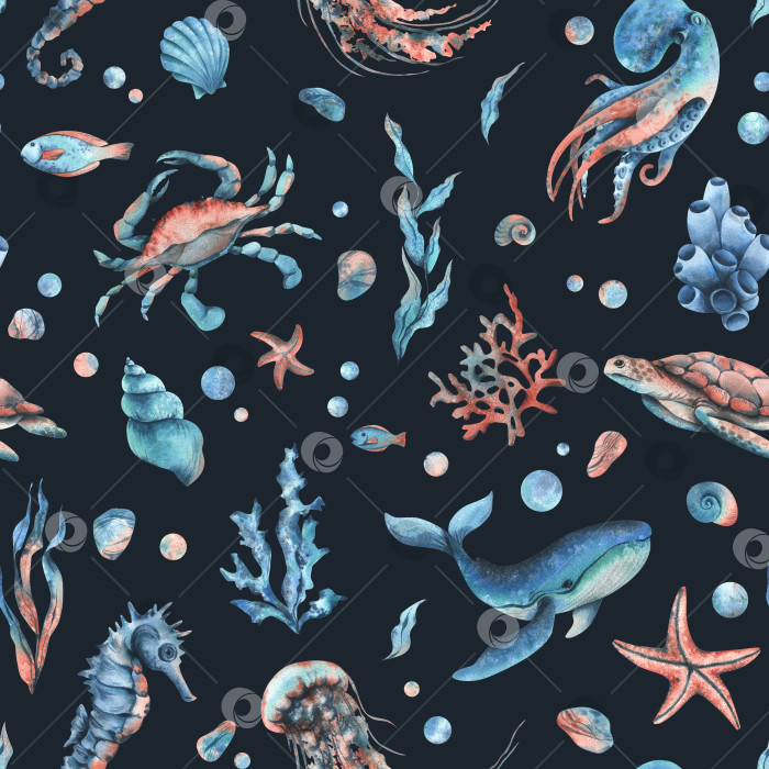 Скачать Клипарт подводного мира с морскими животными китом, черепахой, осьминогом, морским коньком, морской звездой, ракушками, кораллами и водорослями. Рисованная акварельная иллюстрация. Бесшовный узор на темном фоне. фотосток Ozero