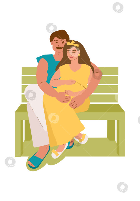 Скачать Муж обнимает беременную жену на скамейке в парке фотосток Ozero