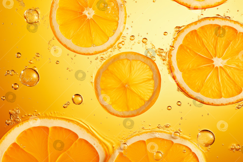 Скачать Дольки апельсина с пузырьками и брызгами в желтой жидкости фотосток Ozero