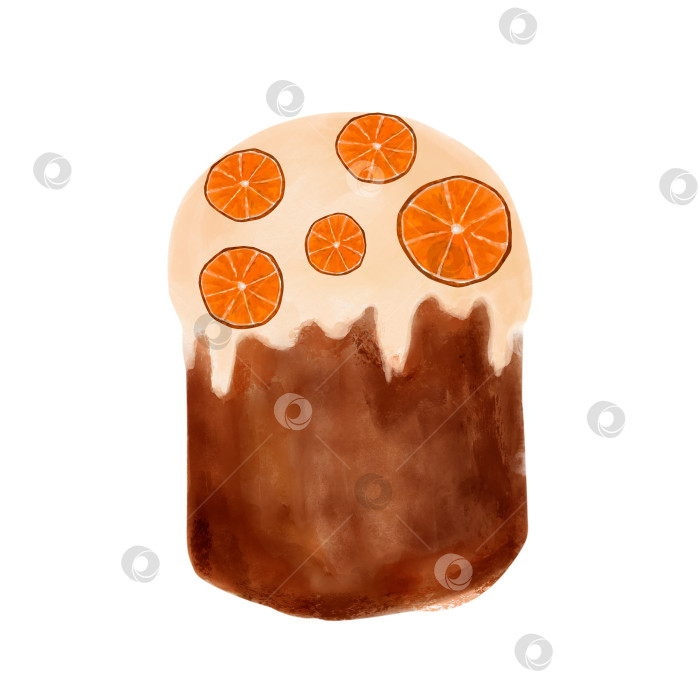 Скачать Пасхальный кулич, расписанный вручную акварелью, украшенный дольками апельсина. Пасхальное украшение, весенний праздник, торт с глазурью фотосток Ozero