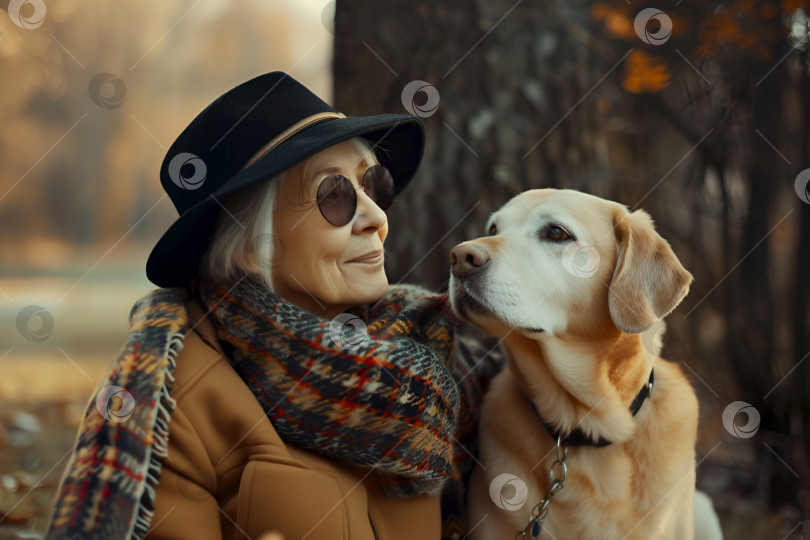 Скачать Пожилая женщина делится нежным моментом со своей собакой в осеннем парке. Пожилая дама наслаждается обществом своей собаки на свежем воздухе. Нежная пожилая женщина общается со своим верным питомцем в осенний день, прогулка по городу с домашними животными фотосток Ozero