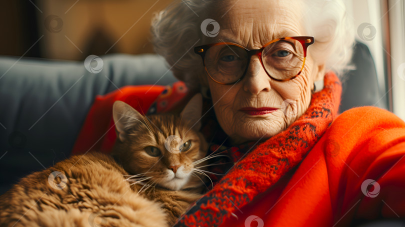 Скачать Стильная пожилая леди обнимается со своей кошкой. Ласковая пожилая женщина в очках обнимает своего питомца. Пожилая женщина с кошкой, уютно в помещении фотосток Ozero