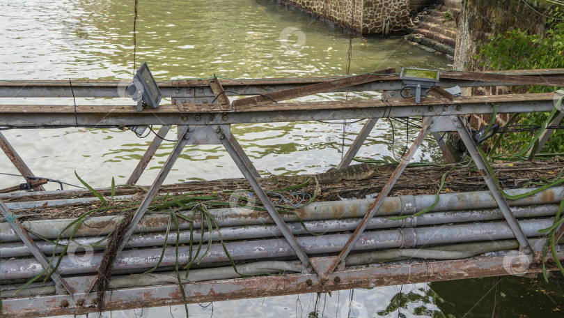 Скачать Металлические тросы проложены по старому ржавому технологическому мосту через реку. фотосток Ozero