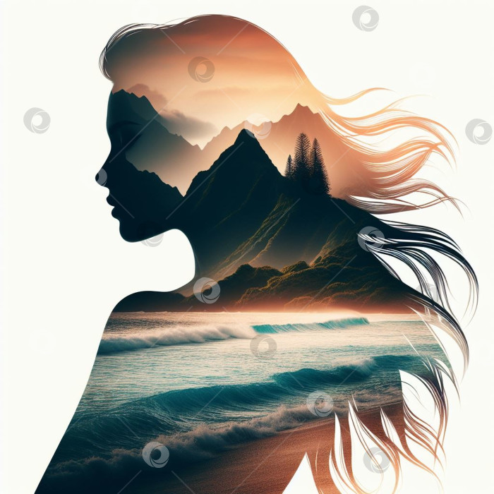 Скачать Силуэт профиля красивой молодой женщины с развевающимися волосами. На фоне прекрасного острова. фотосток Ozero