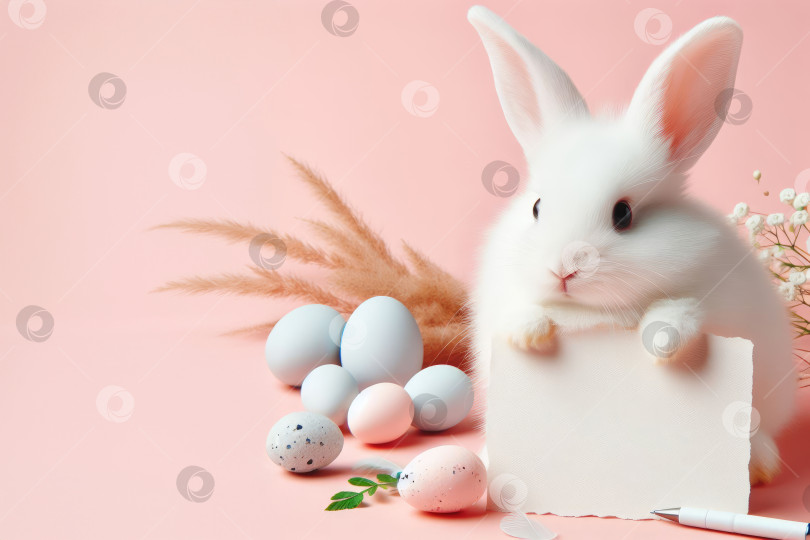 Скачать Пасхальный кролик с пасхальными яйцами и цветами на фоне с рамкой для текста. Концепция праздника Пасхи. Скопируйте место для текста. фотосток Ozero
