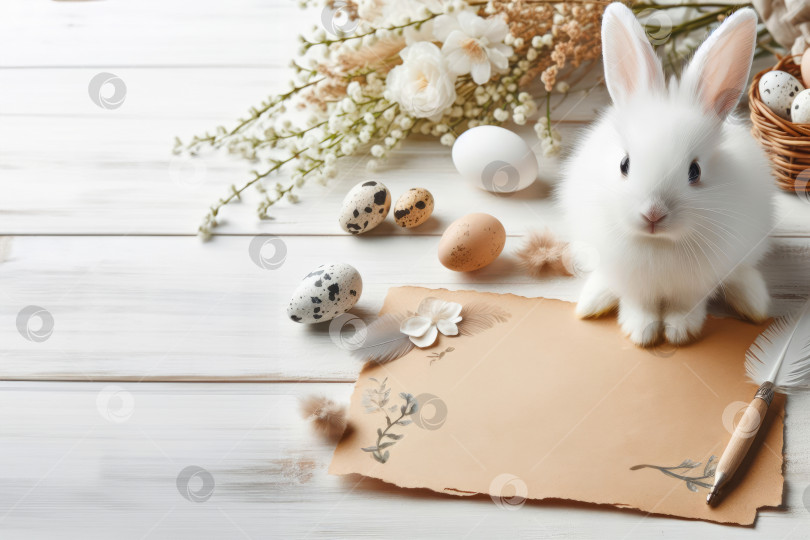 Скачать открытка для текста, очаровательный кролик с разноцветными пасхальными яйцами на фоне с пространством для копирования. Традиционный праздник. фотосток Ozero