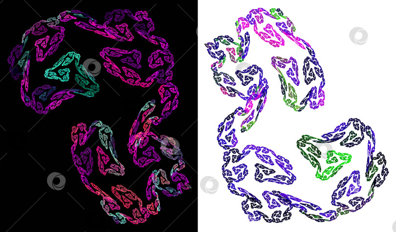 Скачать Разноцветные цепочки размытых спиралей закручиваются на белом и черном фонах. Набор абстрактных фрактальных текстур. 3D рендеринг. 3D иллюстрация. фотосток Ozero