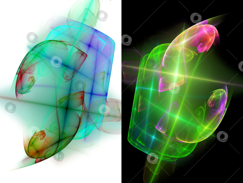 Скачать Размытые объекты со светящимися лучами и спиралями на белом и черном фоне. Набор элементов абстрактного фрактального графического дизайна. 3D рендеринг. 3D иллюстрация. фотосток Ozero