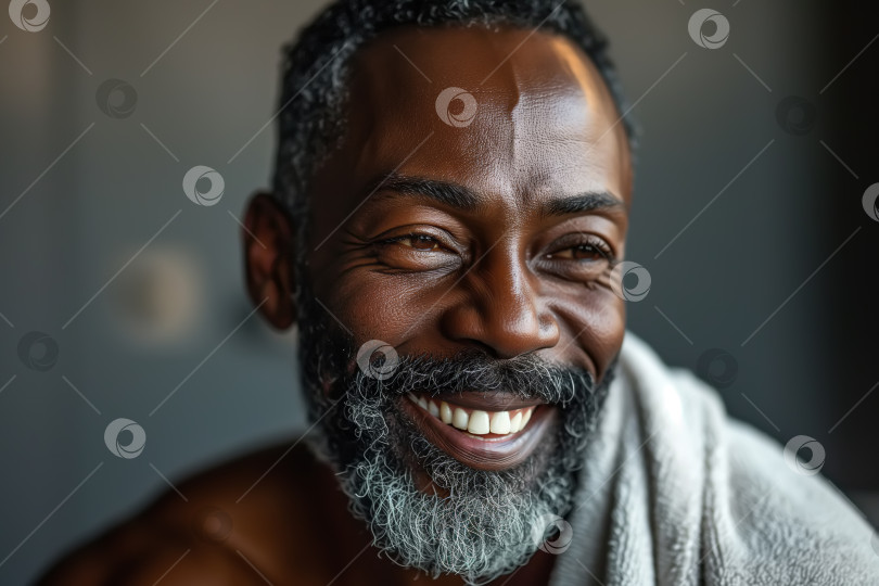 Скачать Счастливый улыбающийся афроамериканец, красивый бородатый мужчина средних лет с полотенцем в ванной или спа-салоне фотосток Ozero