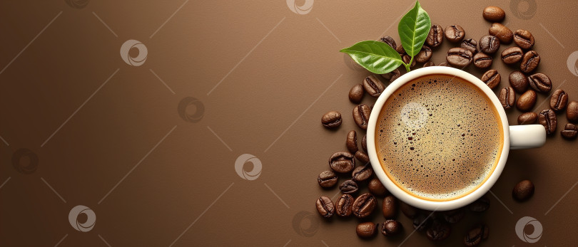 Скачать Вид сверху: чашка кофе с зернами на коричневом фоне, баннер с пространством для копирования. Концепция дня кофе фотосток Ozero