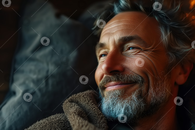 Скачать Портрет красивого беззаботного пожилого мужчины, отдыхающего, лежа на подушке, мечтательно улыбающегося мужчины средних лет на кровати. фотосток Ozero
