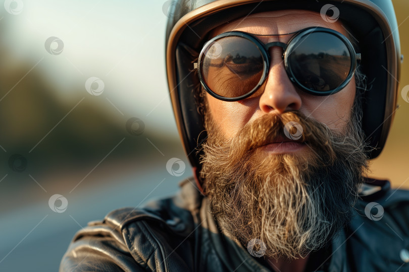 Скачать Портрет брутального пожилого мужчины-байкера в шлеме и очках на дороге фотосток Ozero
