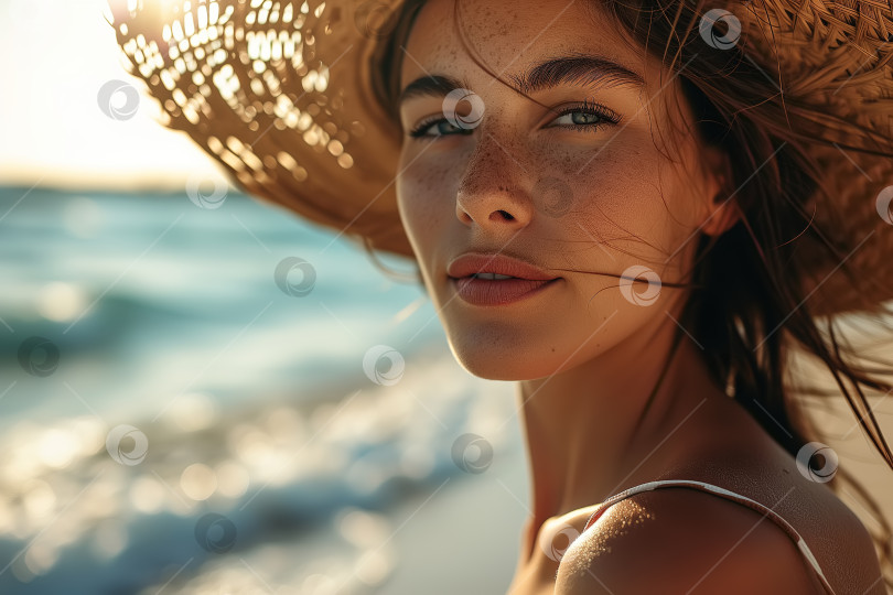 Скачать Летний образ жизни на каникулах. На снимке красивая молодая женщина с веснушками и в соломенной шляпе в море, стоящая на берегу и смотрящая в камеру. фотосток Ozero