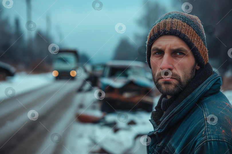 Скачать Дорожно-транспортное происшествие, грустный взрослый мужчина-водитель, на дороге сломался автомобиль зимним днем фотосток Ozero