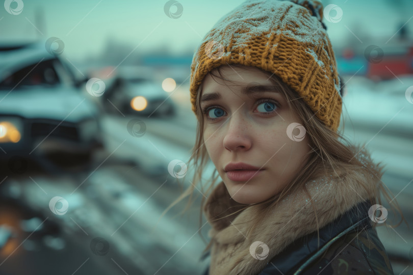 Скачать Портрет расстроенной женщины-водителя, авария на дороге зимой, сломанный автомобиль фотосток Ozero