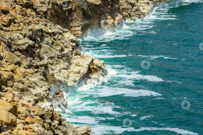 Скачать Иордания. Мертвое море - эндорейское гиперсоленое озеро. Залежи белой соли, камни, покрытые кристаллами, расположены вдоль всего побережья, отделяя бирюзовую воду Мертвого моря от берега. фотосток Ozero