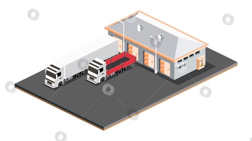 Скачать Небольшой изометрический склад. Складские помещения с грузовиками, выделенными на белом фоне. Погрузочно-разгрузочный терминал. фотосток Ozero