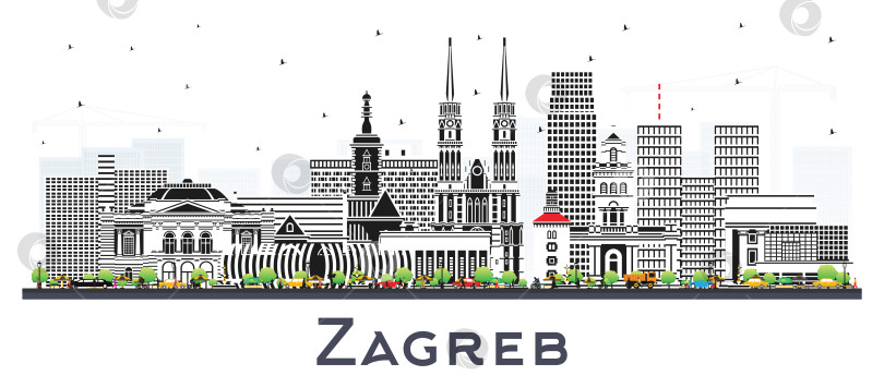 Скачать Городской пейзаж Загреба, Хорватия, с цветными зданиями, выделенными на белом фоне. Городской пейзаж Загреба с достопримечательностями. Концепция деловых поездок и туризма с исторической архитектурой. фотосток Ozero