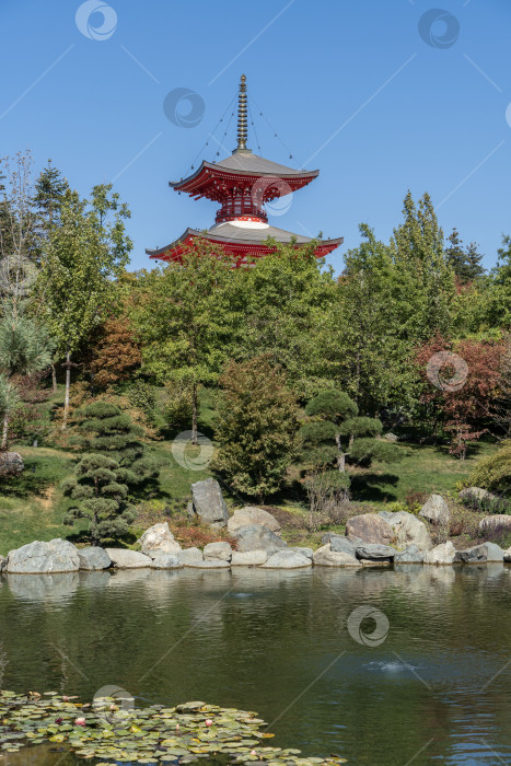 Скачать Краснодарский "Японский сад". Пагода Тахото над искусственным озером Кагамиике или Зеркальным озером. Берега озера сложены из огромных камней. На берегу озера растут вечнозеленые и лиственные деревья и кустарники. фотосток Ozero
