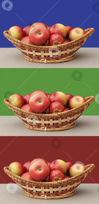 Скачать три корзины со спелыми яблоками на разном фоне фотосток Ozero