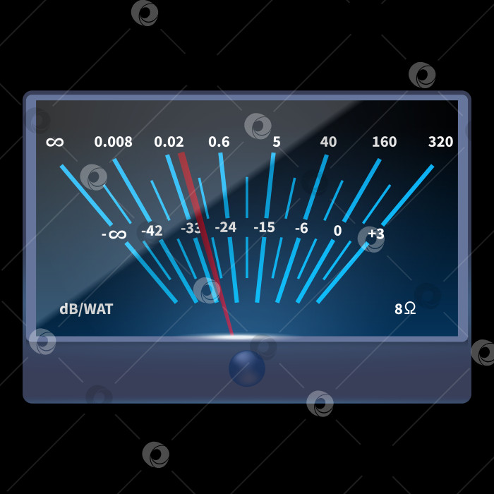Скачать Аналоговый измеритель громкости с пиковым светодиодом. Уровень мощности в децибелах. Слева и справа - измеритель громкости. Устройство, отображающее уровень сигнала в аудиооборудовании. Векторная иллюстрация. фотосток Ozero