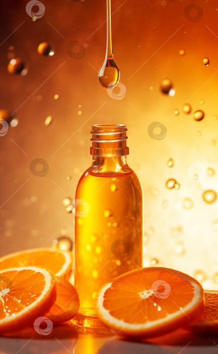 Скачать Апельсиновое масло, сыворотка с витамином С с капельницей на оранжевом фоне фотосток Ozero