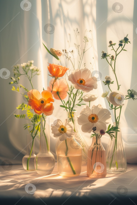 Скачать Весенние цветы в вазах на фоне играющих теней. фотосток Ozero
