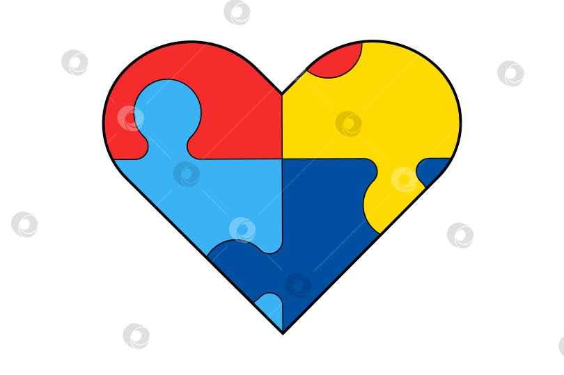 Скачать Векторная иллюстрация с изолированным сердцем-головоломкой. Концепция Всемирного дня осведомленности об аутизме. Синий, красный, желтый. фотосток Ozero