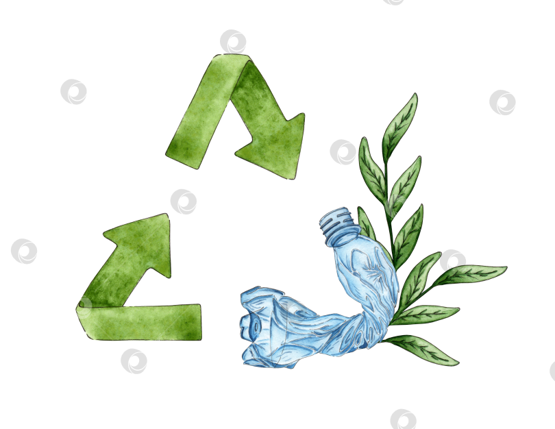 Скачать Знак переработки мусора с пластиковой бутылкой и акварелью "зеленый росток" фотосток Ozero