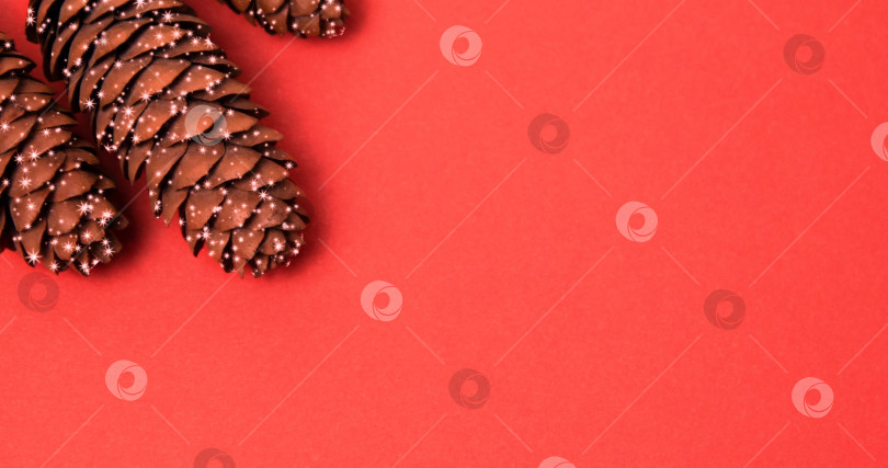 Скачать блестящие искрящиеся звезды на сосновой шишке на красном фоне. фотосток Ozero