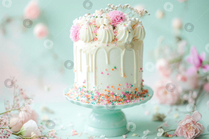 Скачать Красивый торт с посыпкой для торта в голубых и розовых тонах. Искусственный интеллект сгенерирован фотосток Ozero