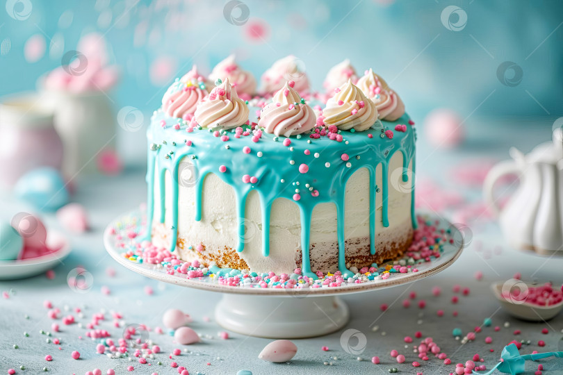 Скачать Красивый торт с посыпкой для торта в голубых и розовых тонах. Искусственный интеллект сгенерирован фотосток Ozero