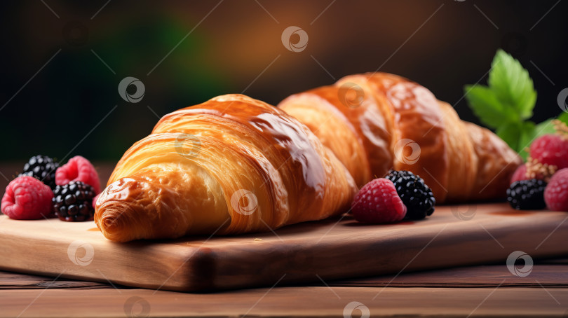 Скачать Завтрак в отеле "Европейский": круассаны и свежая малина и ежевика на деревянном столе. фотосток Ozero