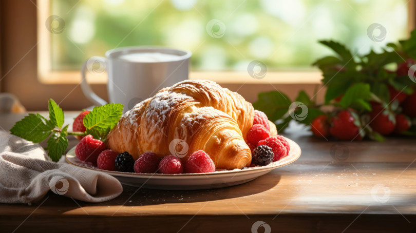 Скачать Завтрак в отеле "Европейский": кофе с молоком, круассаны и свежая малина и ежевика на деревянном столе. фотосток Ozero